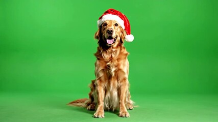 Golden retriever sitting wearing a santa hat in front of a green screen with tail wagging - Powered by Adobe