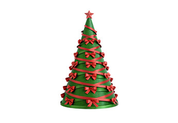 Obraz premium Green textured Christmas tree decorated with red ribbon garlands and star topper, isolated on a transparent background