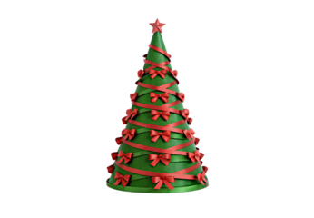 Green textured Christmas tree decorated with red ribbon garlands and star topper, isolated on a transparent background
