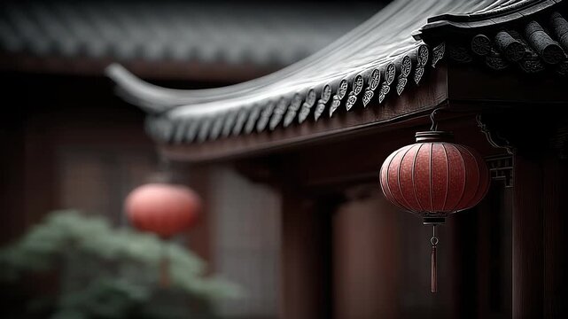 Red Lanterns Under the Eaves of Tang Style Architecture
