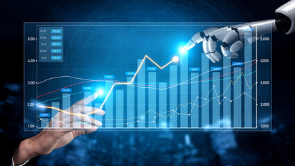 A futuristic robotic hand interacts with a digital financial graph, highlighting market trends and data analysis on a vibrant blue background, representing innovation in finance. Scalp