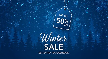 Winter sale with up to 50% off, snowflakes, and forest background
