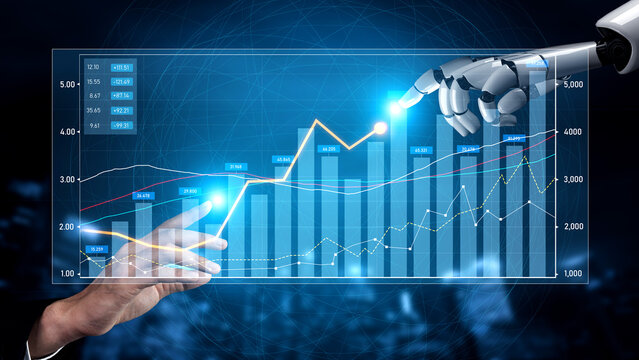 A futuristic robotic hand interacts with a digital financial graph, highlighting market trends and data analysis on a vibrant blue background, representing innovation in finance. Scalp