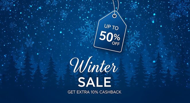 Winter sale with up to 50% off, snowflakes, and forest background