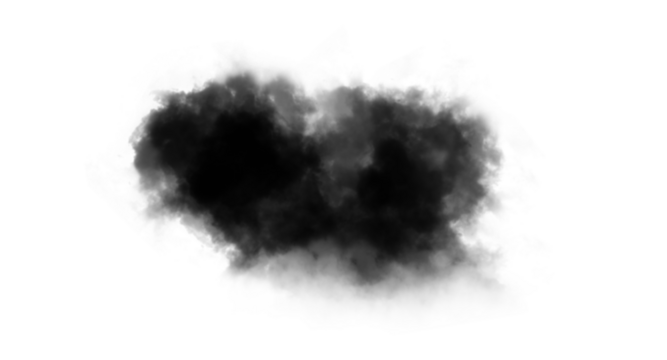 Dark smoke cloud texture isolated on white background, realistic black mist or fog effect for digital design, atmosphere overlay, or abstract dust and ink spread illustration.