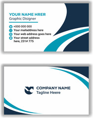 Modern business card template design with curved blue and teal abstract shapes for professional branding