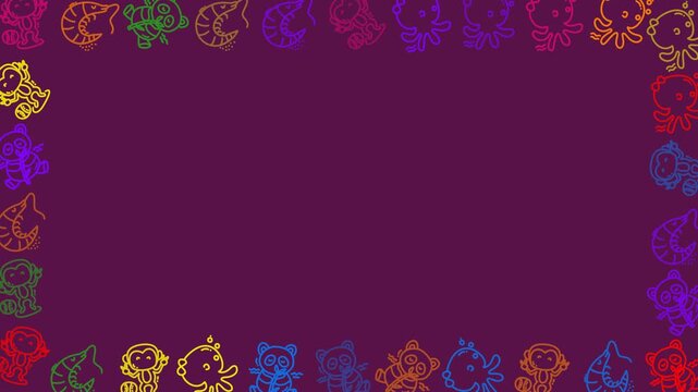 Doodle baby animals frame a purple background in a whimsical handdrawn border, perfect for childrens party invitations or nursery decor designs.