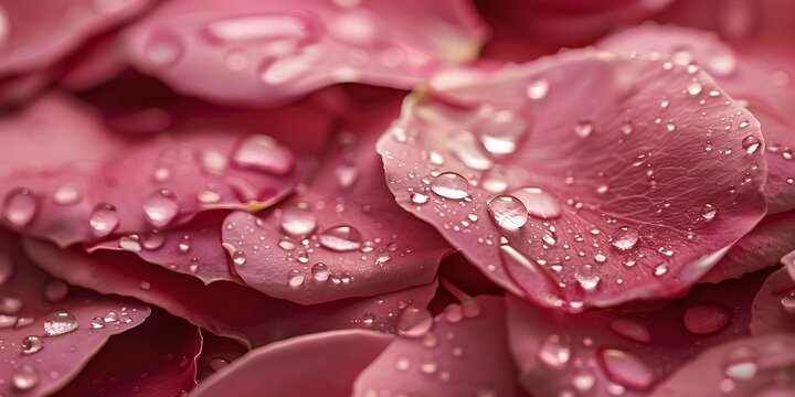 Delicate pink rose petals adorned with glistening water droplets after a gentle rain.