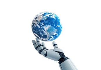 Mechanical arm grasping realistic Earth globe with continents, isolated on a transparent background