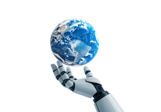 Mechanical arm grasping realistic Earth globe with continents, isolated on a transparent background