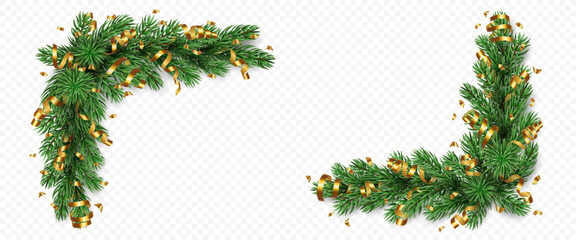 Vector realistic pine tree branches with golden confetti and ribbons isolated on a transparent background. Holiday Christmas tree garland for winter decoration banner, poster, greeting card.