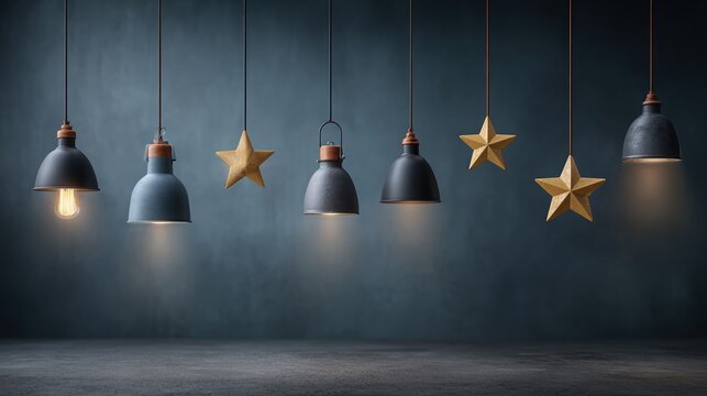 Hanging Industrial Pendant Lights with Gold Stars on Dark Minimal Background