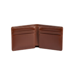 Elegant Brown Leather Bifold Wallet Open Showing Multiple Card Slots Isolated on Black Background Studio Lighting Professional Product Shot
