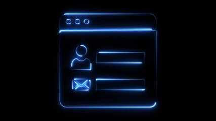 Neon blue glowing user profile and email icon interface on black background digital abstract technology concept