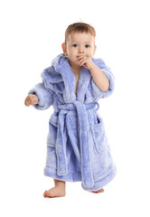 Cute baby in bathrobe on white background