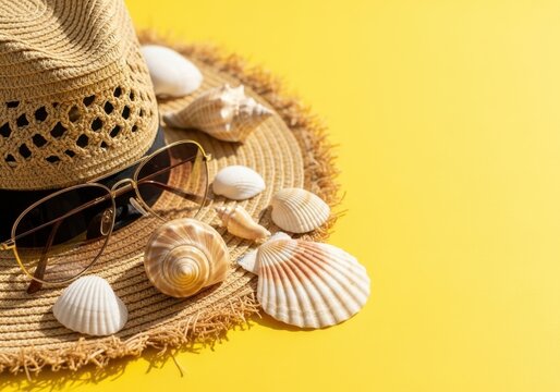 Summer beach vibes with straw hat and seashells on bright yellow background