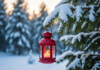 Red lantern hanging on snowy pine branch in winter wonderland at sunset