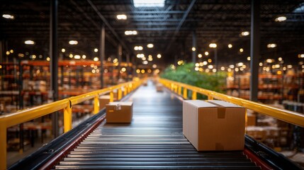 Secure cardboard boxes travel efficiently on a dynamic conveyor belt within a bustling, modern distribution warehouse, ready for global shipping.