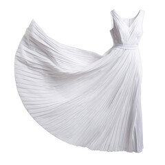 Elegant flowing white sleeveless V-neck gown with intricate beading and a pleated skirt isolated on a transparent background