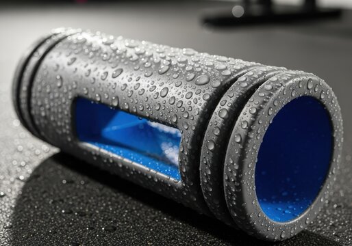 Close-up of water-drenched foam roller on gym floor