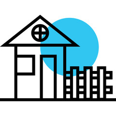 Minimalist line art illustration of a simple house with a fence and a bright blue circle in the background on a transparent canvas