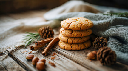 A stack of cookies with cinnamon on top and pine cones on the table