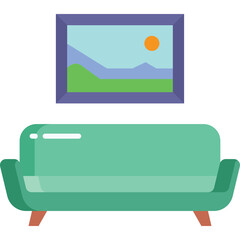Mint Green Sofa With A Framed Landscape Painting Above Featuring Blue Mountains Green Hills And An Orange Sun On A Transparent Background