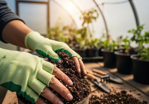 Hands in gardening gloves preparing soil in greenhouse for healthy plant growth