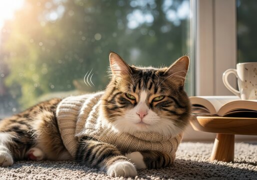 Cozy cat in knitted sweater relaxing with book and coffee by sunlit window