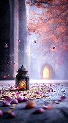 An ornate, dark metal lantern with a warm, glowing light sits on a stone floor covered in scattered flower petals, with an arched doorway in the background.