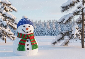 Obraz premium Cheerful snowman in winter landscape with snow-dusted trees and falling snowflakes
