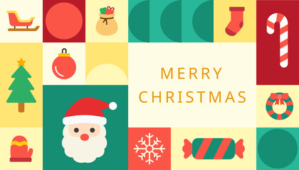 Modern Merry Christmas geometric card with playful cartoon illustrations. Suitable for festive party invitation, Christmas greeting card, modern holiday branding, or winter event invites