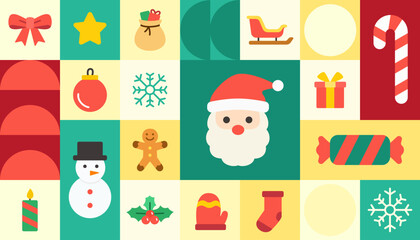 Fototapeta premium Modern geometric Christmas banner with playful cartoon-style characters arranged in simple square and circle shapes. Perfect for cheerful festive greetings, winter event banner, or kids' cards.