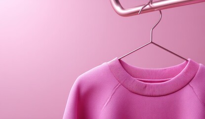 Pink sweater hangs on a metallic hanger against a pastel pink background.