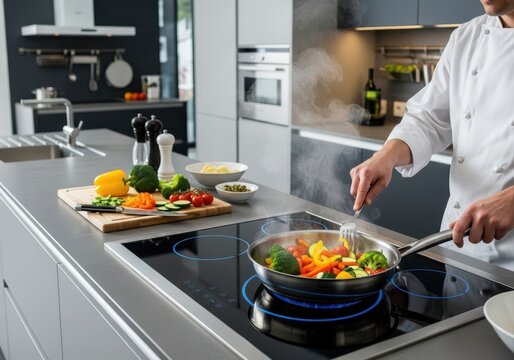 Chef cooking in modern kitchen with fresh vegetables and induction stove for healthy home meal preparation