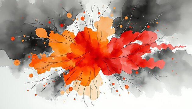 Abstract Watercolor Splash of Orange Red and Grey with Branches abstract art