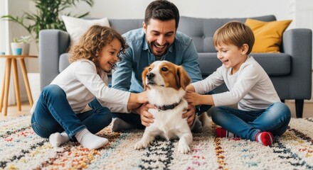 Happy family bonding time: father and children playing with dog on cozy living room carpet