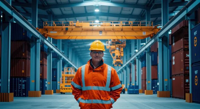 Industrial worker in safety gear oversees massive container storage operations within a modern logistics distribution warehouse facility - Powered by Adobe