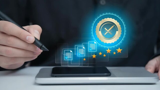 Close-up of Hand Using Stylus on Digital Interface with Quality Seal and Stars (472