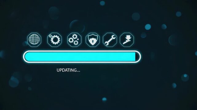 Digital Loading Bar with Icons for Updating Software and System Maintenance Keywords: technology, software, update, updating, loading bar, progress bar, download