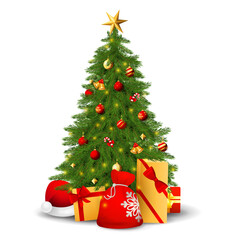 Fir tree with decorations, presents and Santa hat vector