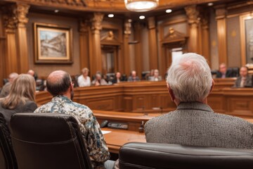 Local government council chamber, council members with backs turned as they listen to speaker, documentary clarity. People at public talk. Audience.