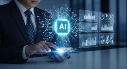 Businessman engaging with advanced artificial intelligence data processing on mobile