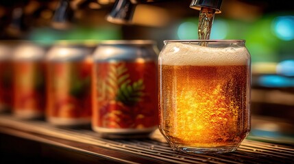 Pouring golden amber craft beer into a clear glass with frothy head, refreshing beverage experience