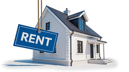 White house model with hanging rent sign representing real estate and property rental concept

