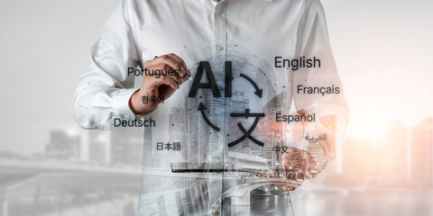 Global communication with multiple languages, digital translation tools, multilingual technology,...