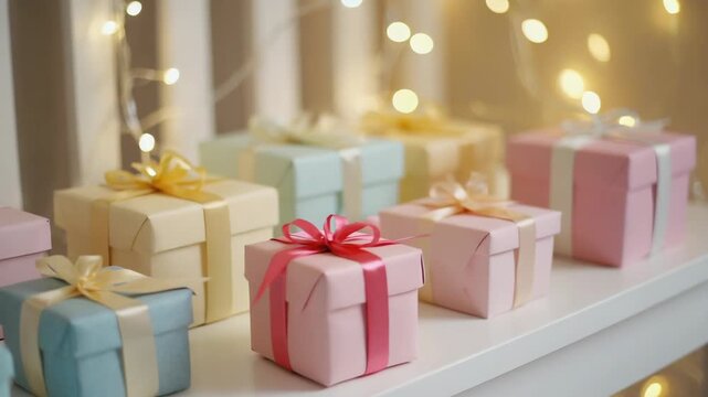 Assortment of pastel colored gift boxes tied with ribbons on a white shelf with bokeh fairy lights