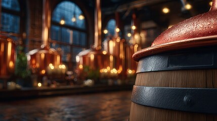 Warm glow illuminates a rustic brewery interior with gleaming copper tanks and a weathered wooden barrel in the foreground
