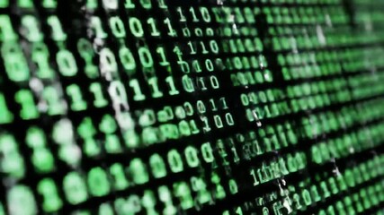 Closeup view of abstract green binary code flowing on a dark digital screen representing data technology and cybersecurity concepts with a futuristic aesthetic. - Powered by Adobe