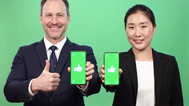 Diverse Business Professionals Displaying Green Screen Smartphones with Thumbs Up Gesture on a Vibrant Green Background Ideal for App Promotion and Digital Marketing Concepts.